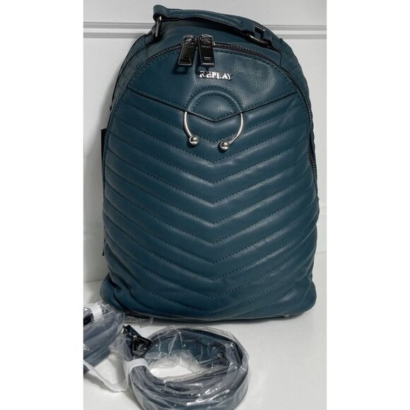 Replay‎ Teal Faux Leather Backpack NEW Medium Quilted Rucksack - Picture 1 of 9